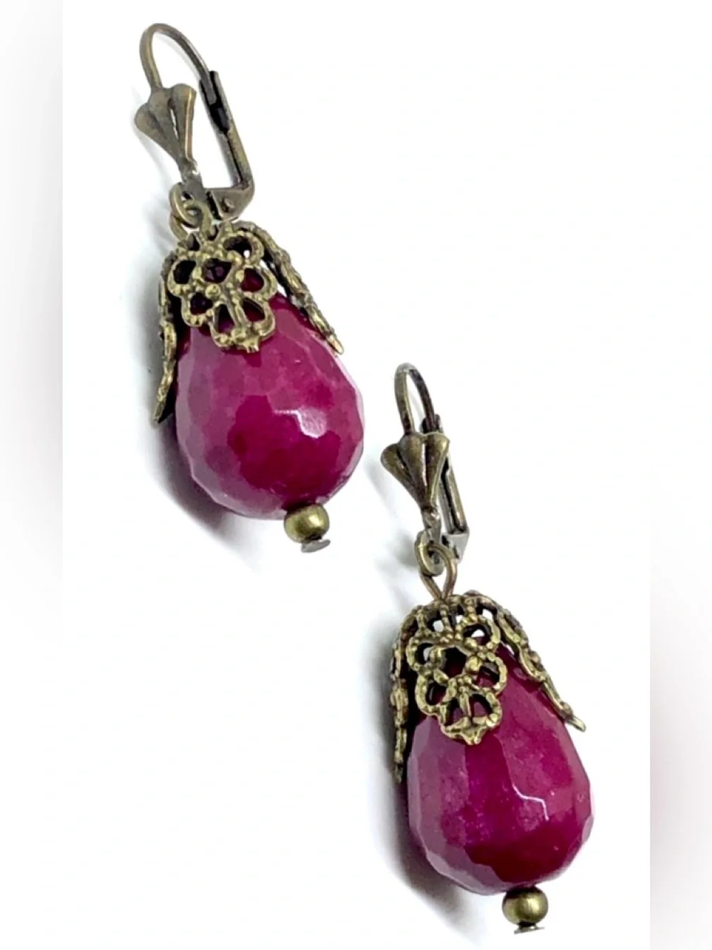 Ruby Jade Stone Faceted Teardrop Ornate Bronze Filigree Lever Back Drop Earrings